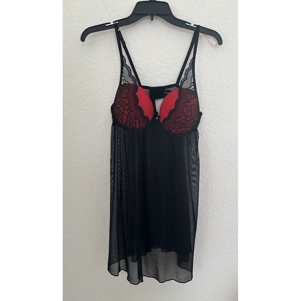Women’s Daisy Fuentes Nighty Lace Push Up Baby Doll Cami Size M Sheer Black/Red